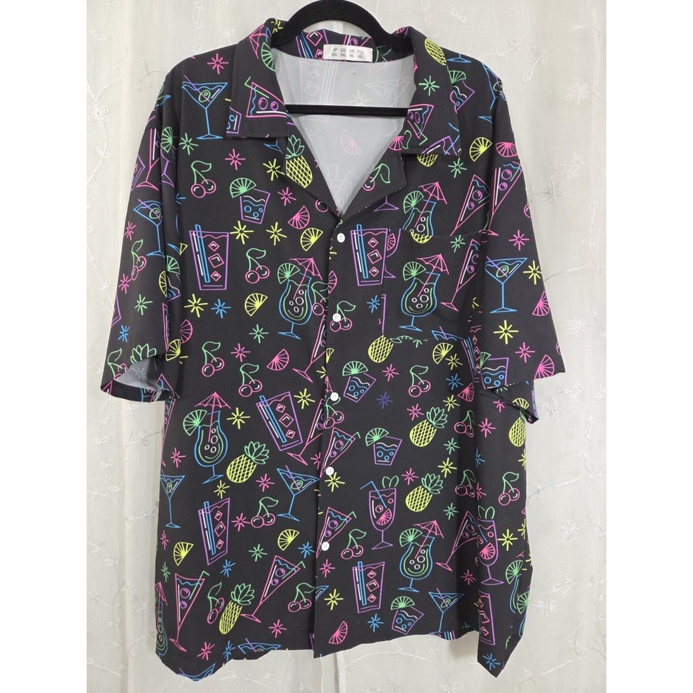 Neon Cocktail Print Men's Button Shirt 3XL 80 90's Fun Flash Cocktail Pineapple